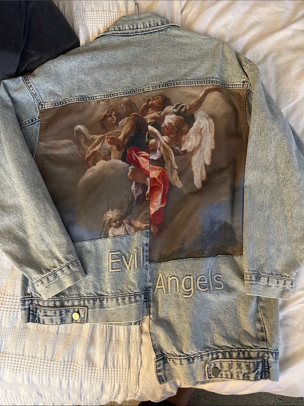 Denim Trench Jacket with Angel Graphic - Light Blue
